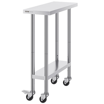 VEVOR Stainless Steel Work Table 30 x 12 x 38 Inch, with 4 Wheels, 3 Adjustable Height Levels, Heavy Duty Food Prep Worktable for Commercial Kitchen Restaurant, Silver