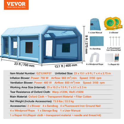 VEVOR Inflatable Paint Booth 23x13.1x9ft Inflatable Spray Booth 750W+480W Blower