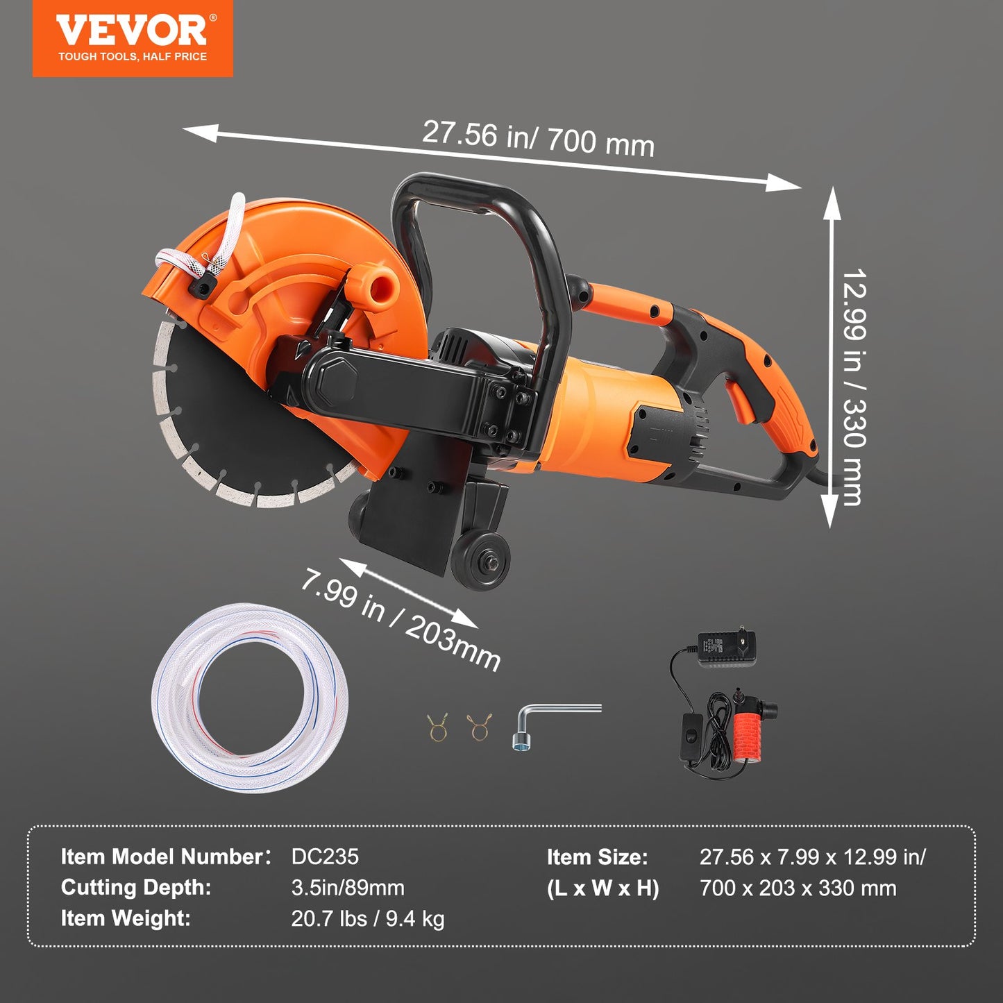 VEVOR Electric Concrete Saw, 9 in, 2000 W 15 A Motor Circular Saw Cutter with 3.5 in Cutting Depth, Wet/Dry Disk Saw Cutter Includes Water Line, Pump and Blade, for Stone, Brick