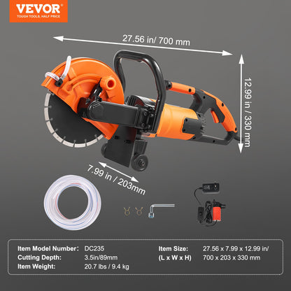 VEVOR Electric Concrete Saw, 9 in, 2000 W 15 A Motor Circular Saw Cutter with 3.5 in Cutting Depth, Wet/Dry Disk Saw Cutter Includes Water Line, Pump and Blade, for Stone, Brick