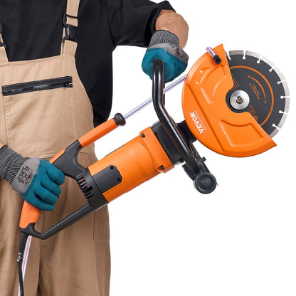 VEVOR Electric Concrete Saw, 9 in, 2000 W 15 A Motor Circular Saw Cutter with 3.5 in Cutting Depth, Wet/Dry Disk Saw Cutter Includes Water Line, Pump and Blade, for Stone, Brick