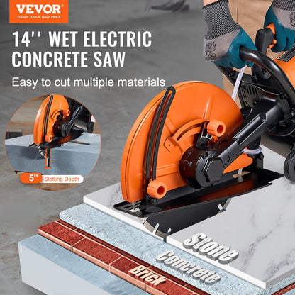 VEVOR Electric Concrete Saw, 14 in, 2000 W Motor Circular Saw Cutter with Max. 5 in Adjustable Cutting Depth, Wet Disk Saw Cutter Includes Water Line, Pump and Blade, for Stone, Brick