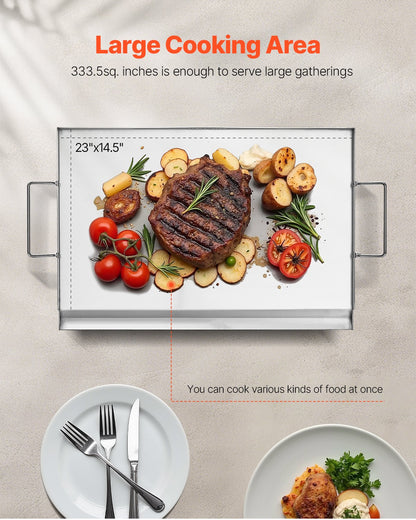 VEVOR Stainless Steel Griddle, 23x16 inch Universal Flat Top Rectangular Plate, Gas Grill Griddle for BBQ Grill, Teppanyaki, Portable Family Cookware with Handle, for Camping Tailgating Party