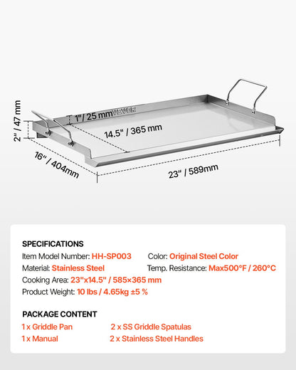 VEVOR Stainless Steel Griddle, 23x16 inch Universal Flat Top Rectangular Plate, Gas Grill Griddle for BBQ Grill, Teppanyaki, Portable Family Cookware with Handle, for Camping Tailgating Party