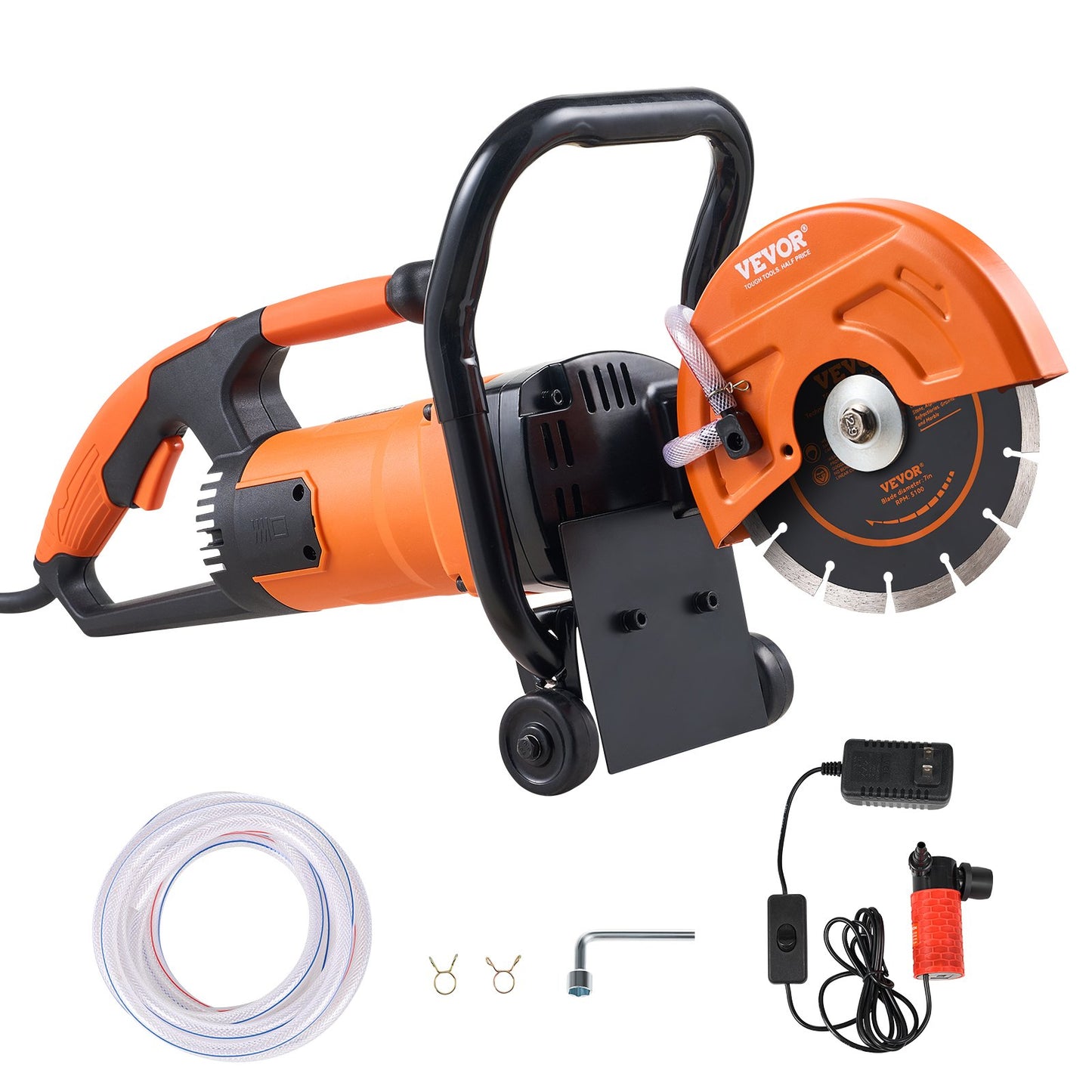 VEVOR Electric Concrete Saw, 7 in Circular Saw Cutter, 2000 W High Power with Max. 2.5 in Cutting Depth, Wet/Dry Disk Saw Cutter Includes Water Line, Pump and Blade, for Stone, Brick