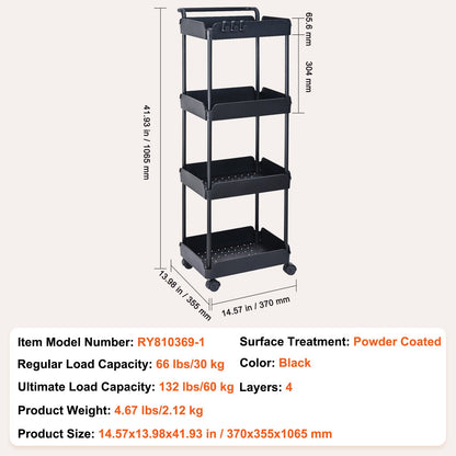 VEVOR 4-Tier Kitchen Rolling Cart Basket Utility Cart on Wheel with Handle Black