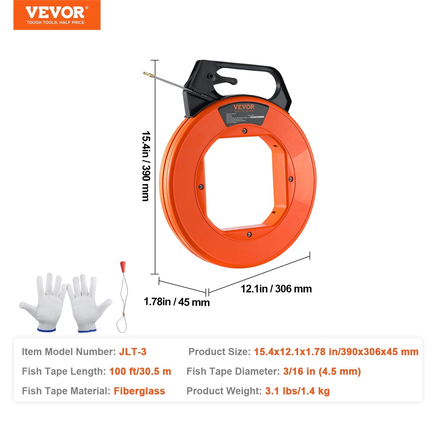VEVOR Fish Tape, 100 ft, 3/16-inch, Fiberglass Wire Puller with Optimized Housing and Handle, Easy-to-Use Cable Puller Tool, Flexible Wire Fishing Tools for Wall and Electrical Conduit, Non-Conductive