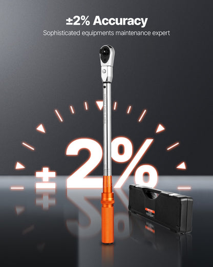 VEVOR Adjustable Click Torque Wrench, 1/2 Inch Drive, 20-160 lbf-ft/27.1-216.8 N.m, Dual-direction and Dual Range Scales, 72-Tooth, ±2% Precision, with Adapter Interchangeable Jaw and Ratchet Head