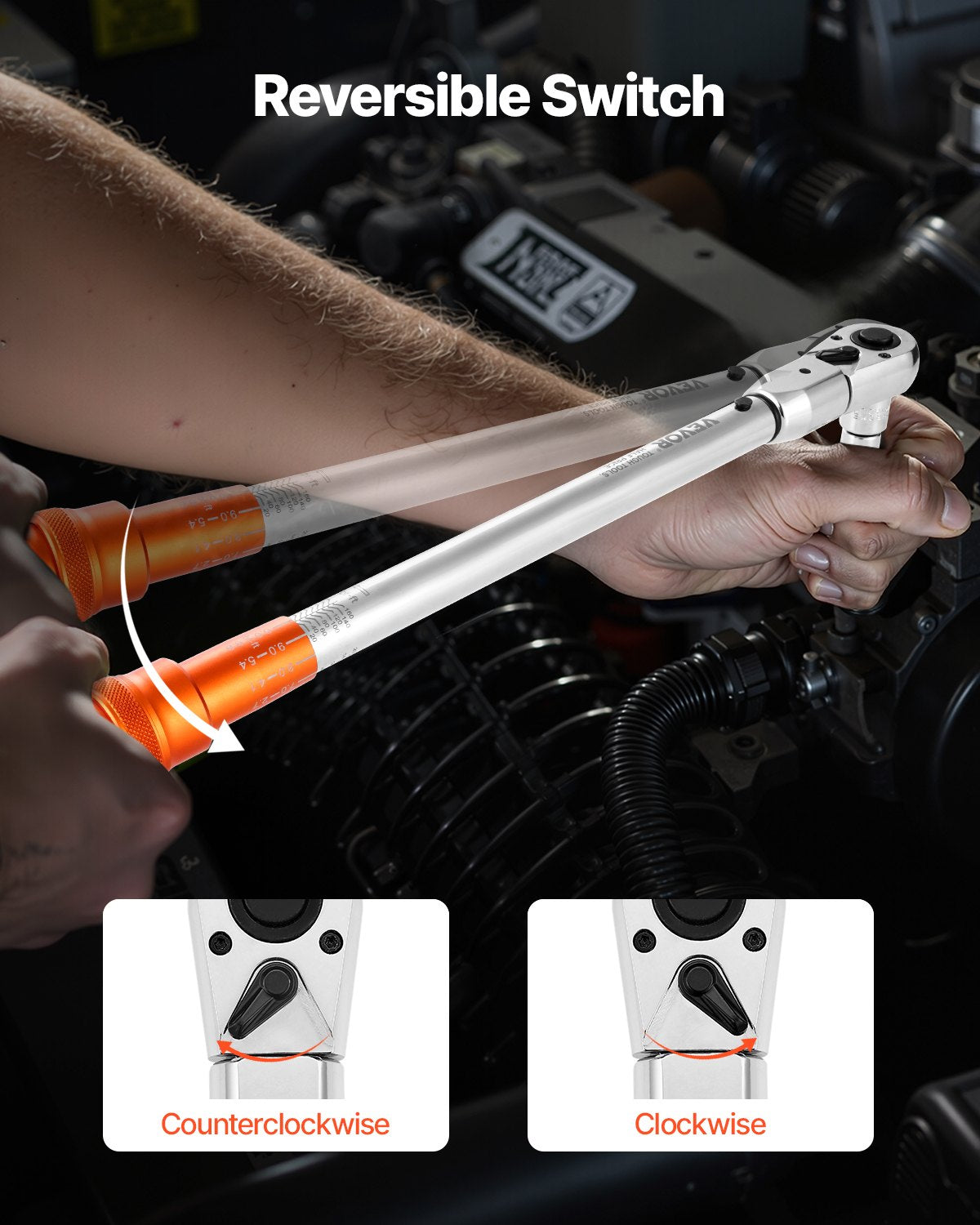 VEVOR Adjustable Click Torque Wrench, 1/2 Inch Drive, 20-160 lbf-ft/27.1-216.8 N.m, Dual-direction and Dual Range Scales, 72-Tooth, ±2% Precision, with Adapter Interchangeable Jaw and Ratchet Head