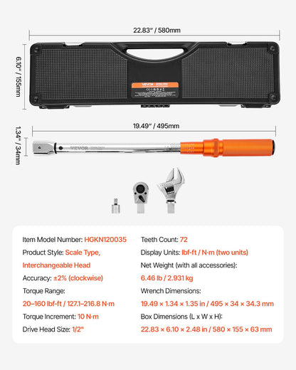 VEVOR Adjustable Click Torque Wrench, 1/2 Inch Drive, 20-160 lbf-ft/27.1-216.8 N.m, Dual-direction and Dual Range Scales, 72-Tooth, ±2% Precision, with Adapter Interchangeable Jaw and Ratchet Head