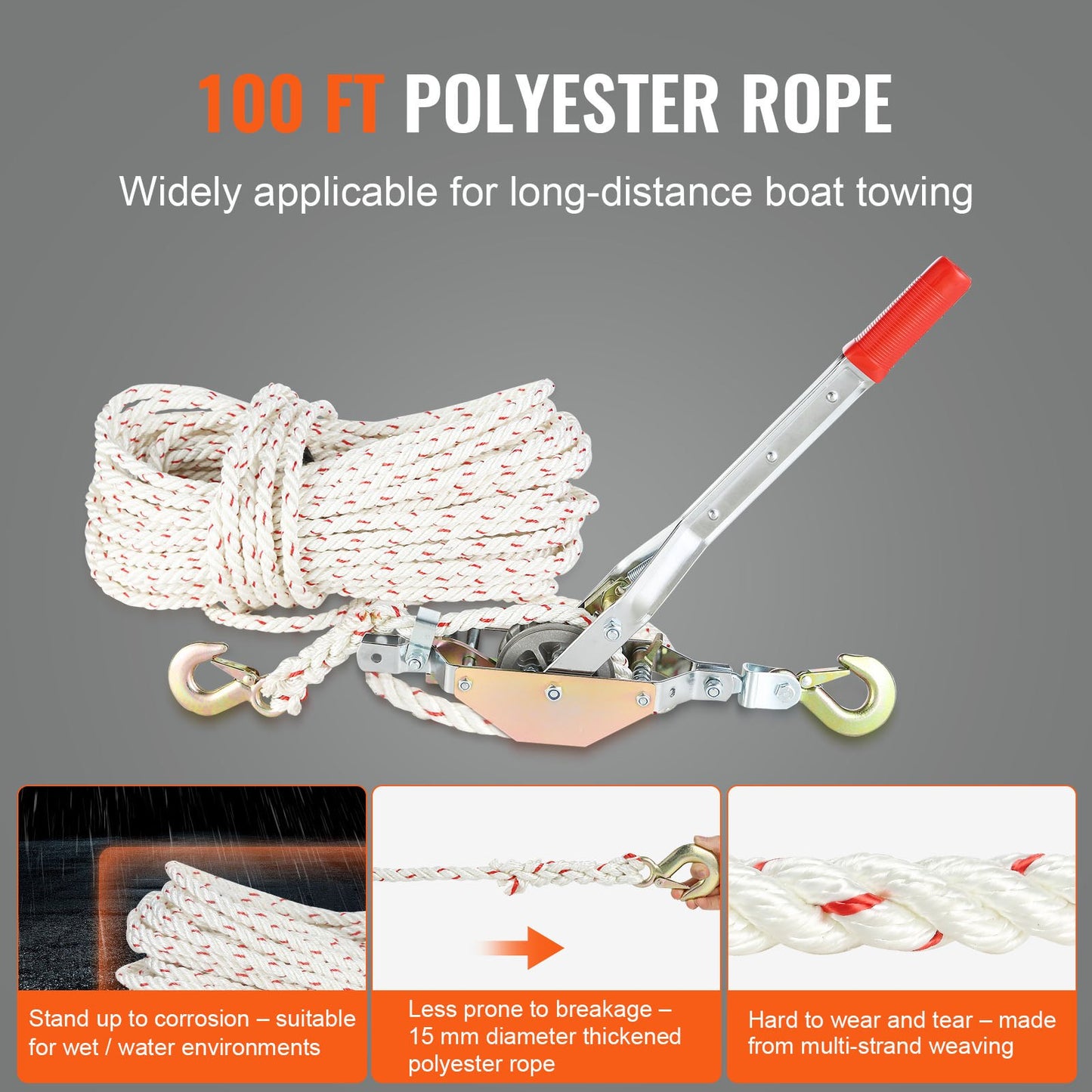 VEVOR Rope Puller, 3/4 Ton Pulling Capacity, with 30.48 m of 15 mm dia. Rope, 2 Hook, Come Along Winch, Heavy Duty Ratchet Power Puller Tool for Moving Boats, Securing Items, Transporting Logs
