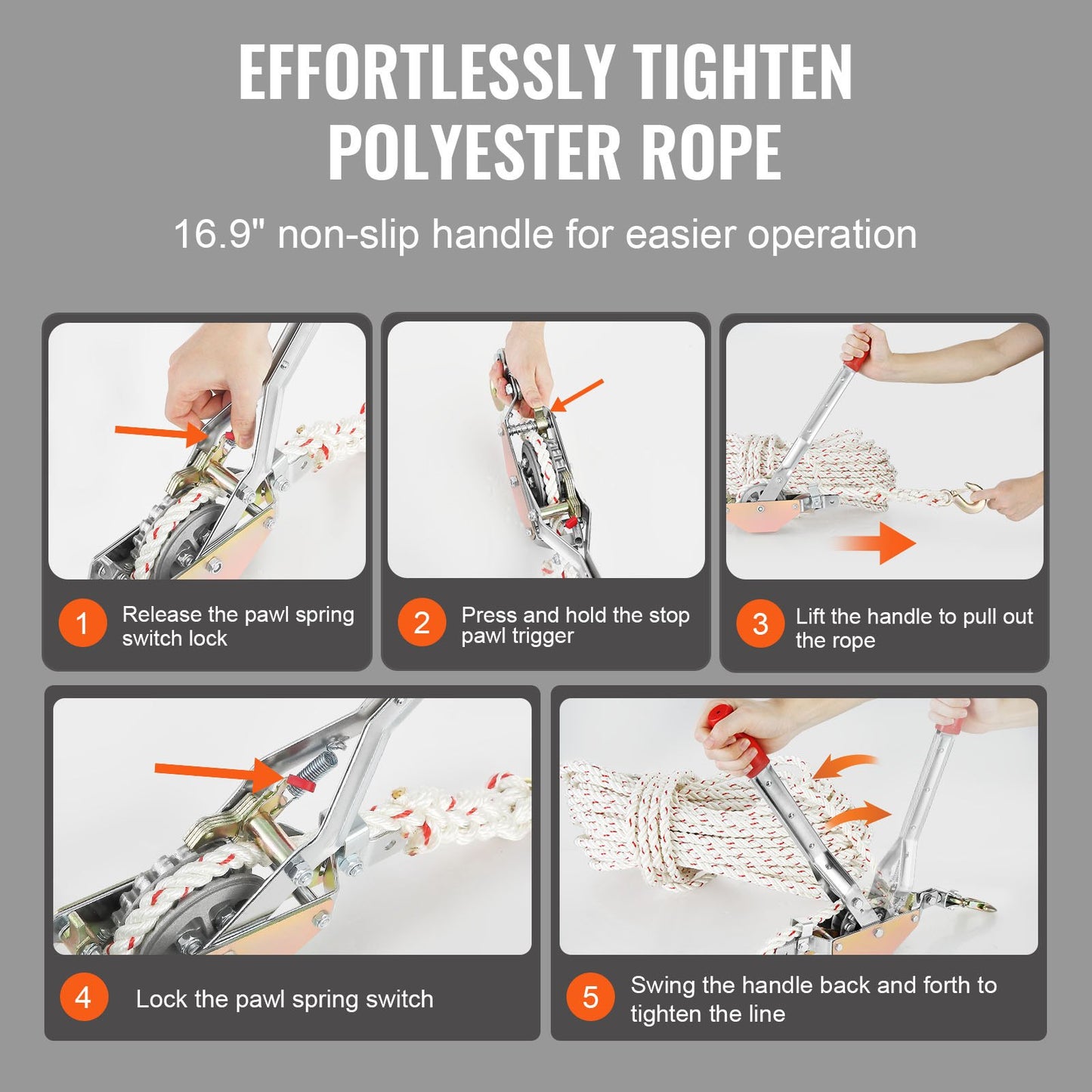 VEVOR Rope Puller, 3/4 Ton Pulling Capacity, with 30.48 m of 15 mm dia. Rope, 2 Hook, Come Along Winch, Heavy Duty Ratchet Power Puller Tool for Moving Boats, Securing Items, Transporting Logs