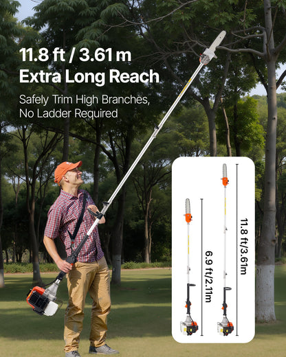 VEVOR Gas Pole Saw, 43CC 2 Stroke Gas Powered Pole Saws with 25.4 cm Cutting Bar, Cordless Tree Trimmer with Rotatable Head, 2.1 to 3.6 m Extendable, Powerful Chainsaw for Tree Trimming Pruning