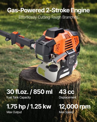 VEVOR Gas Pole Saw, 43CC 2 Stroke Gas Powered Pole Saws with 25.4 cm Cutting Bar, Cordless Tree Trimmer with Rotatable Head, 2.1 to 3.6 m Extendable, Powerful Chainsaw for Tree Trimming Pruning