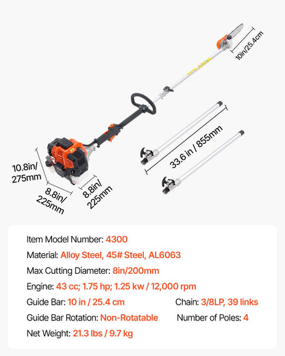 VEVOR Gas Pole Saw, 43CC 2 Stroke Gas Powered Pole Saws with 25.4 cm Cutting Bar, Cordless Tree Trimmer with Rotatable Head, 2.1 to 3.6 m Extendable, Powerful Chainsaw for Tree Trimming Pruning