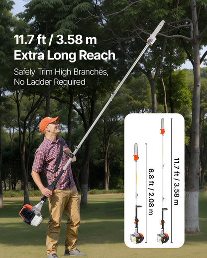 VEVOR Gas Pole Saw, 33CC 2 Stroke Gas Powered Pole Saws with 20.3 cm Cutting Bar, Cordless Tree Trimmer with 850ml Fuel Tank, 2.08 to 3.58 m  Extendable, Powerful Chainsaw for Tree Trimming Pruning