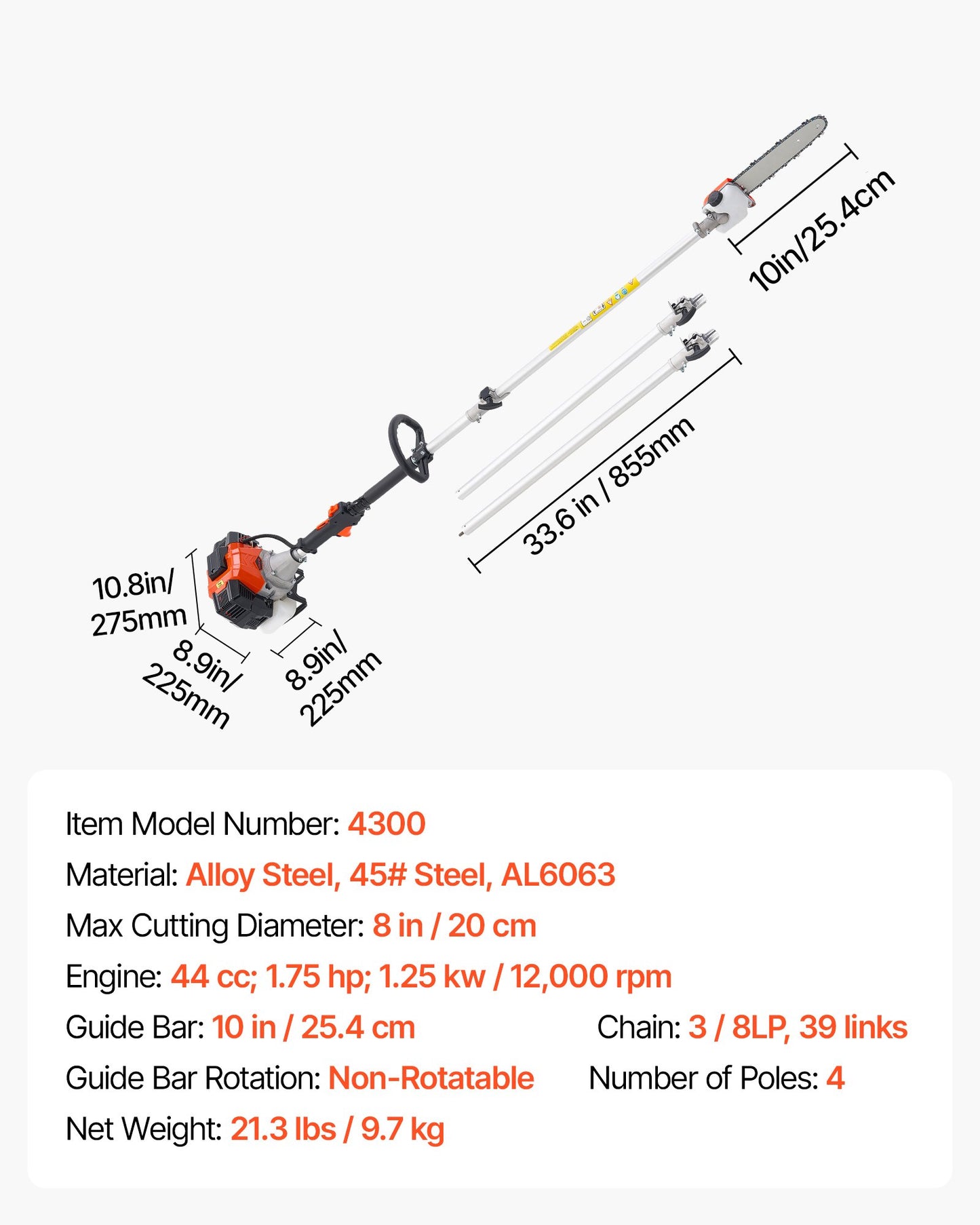 VEVOR Gas Pole Saw, 33CC 2 Stroke Gas Powered Pole Saws with 20.3 cm Cutting Bar, Cordless Tree Trimmer with 850ml Fuel Tank, 2.08 to 3.58 m  Extendable, Powerful Chainsaw for Tree Trimming Pruning