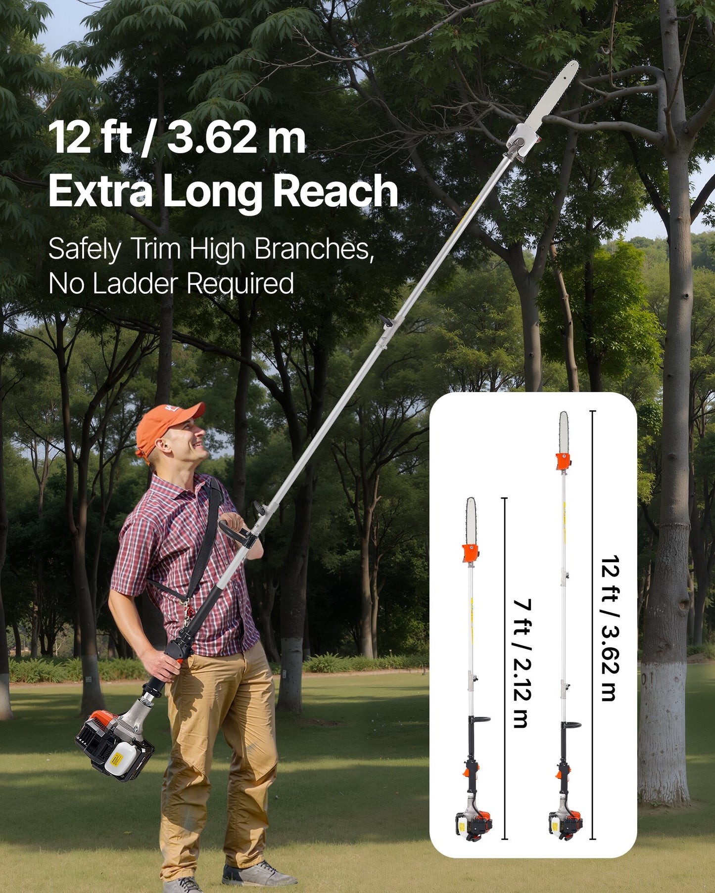 VEVOR Gas Pole Saw, 25CC 2 Stroke Gas Powered Pole Saws with 30.5 cm Cutting Bar, Cordless Tree Trimmer with 650ml Fuel Tank, 2.12 to 3.62 m Extendable, Powerful Chainsaw for Tree Trimming Pruning