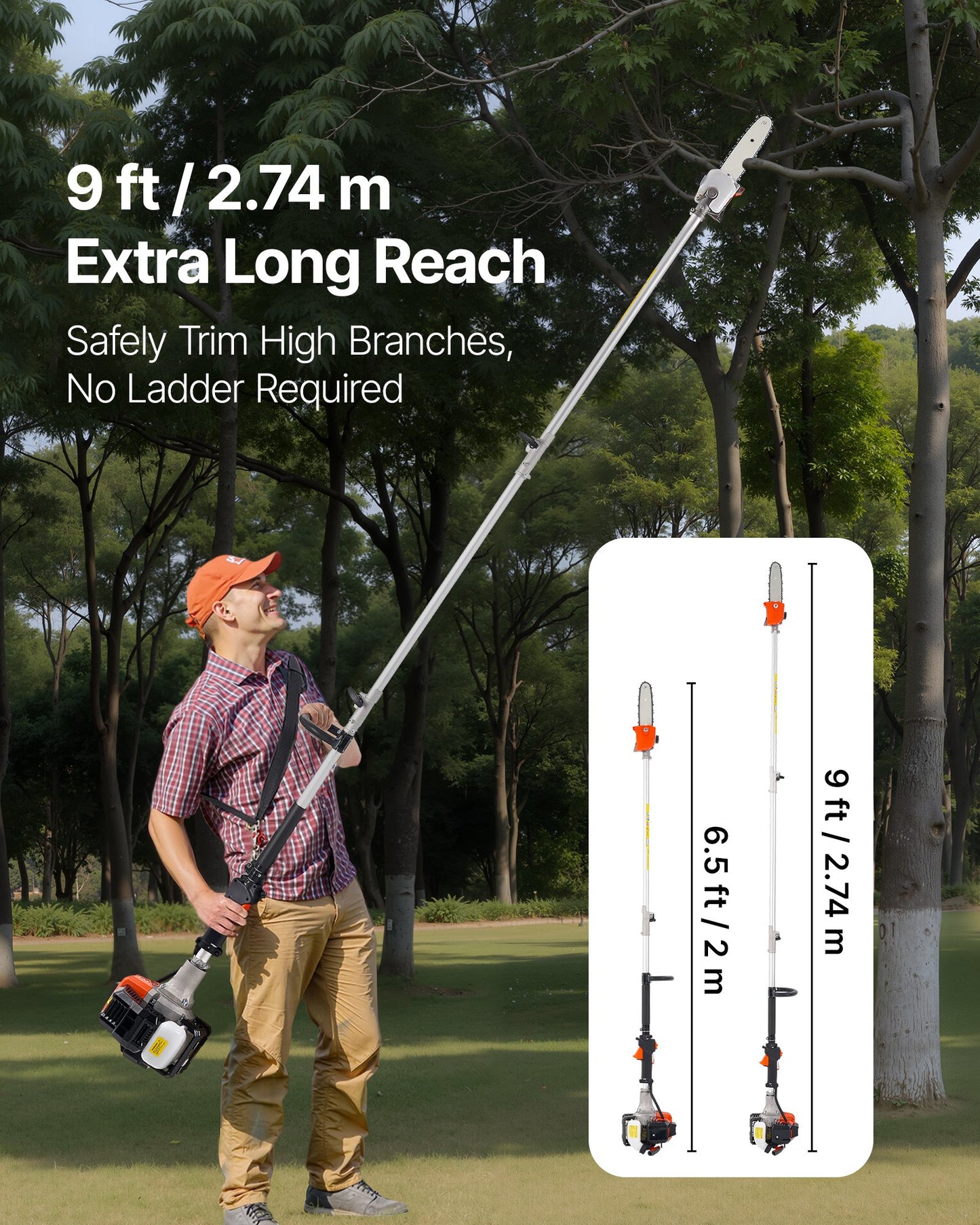 VEVOR Gas Pole Saw, 25CC 2 Stroke Gas Powered Pole Saws with 20.3 cm Cutting Bar, Cordless Tree Trimmer with 650ml Fuel Tank, 2 to 2.74 m Extendable, Powerful Chainsaw for Tree Trimming Pruning