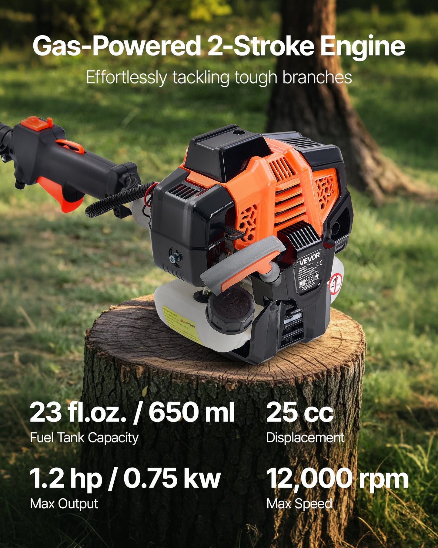 VEVOR Gas Pole Saw, 25CC 2 Stroke Gas Powered Pole Saws with 20.3 cm Cutting Bar, Cordless Tree Trimmer with 650ml Fuel Tank, 2 to 2.74 m Extendable, Powerful Chainsaw for Tree Trimming Pruning
