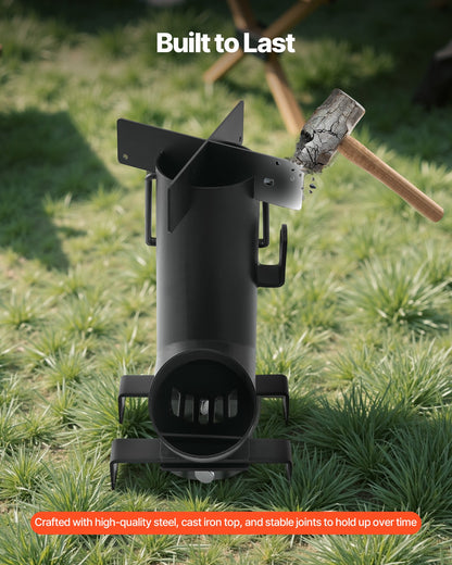VEVOR Camping Rocket Stove, Wood Burning Portable Rocket Stove with Carrying Bag for Backpacking, Carbon Steel, Burn Wood, Twigs or Sticks for Outdoor Cooking, Backyard, Camp Cooking, Heating, Black