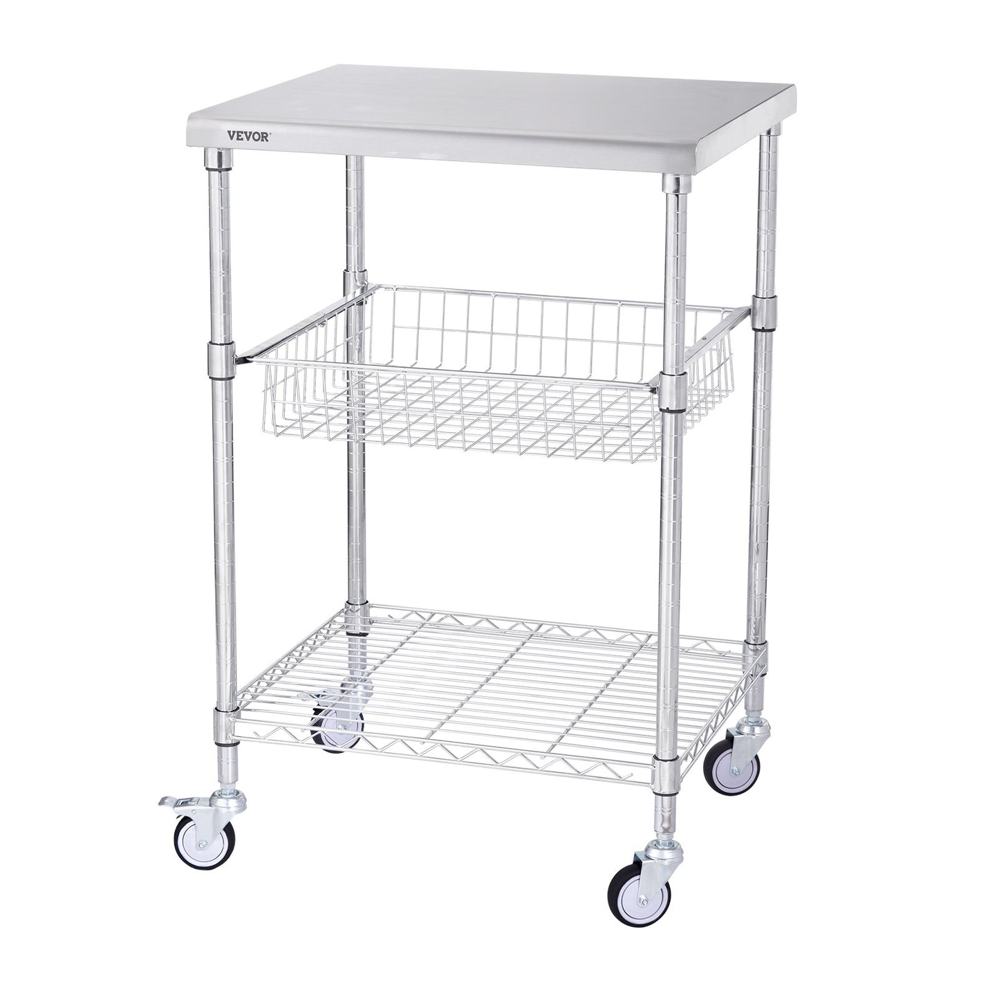 VEVOR Kitchen Utility Cart, 3 Tiers, Wire Rolling Cart with 213kg Capacity, Steel Service Cart on Wheels, Metal Storage Trolley with 76mm Basket Curved Handle PP Liner 6 Hooks, for Indoor and Outdoor