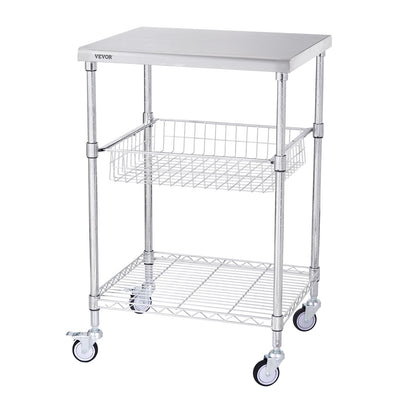 VEVOR Kitchen Utility Cart, 3 Tiers, Wire Rolling Cart with 213kg Capacity, Steel Service Cart on Wheels, Metal Storage Trolley with 76mm Basket Curved Handle PP Liner 6 Hooks, for Indoor and Outdoor