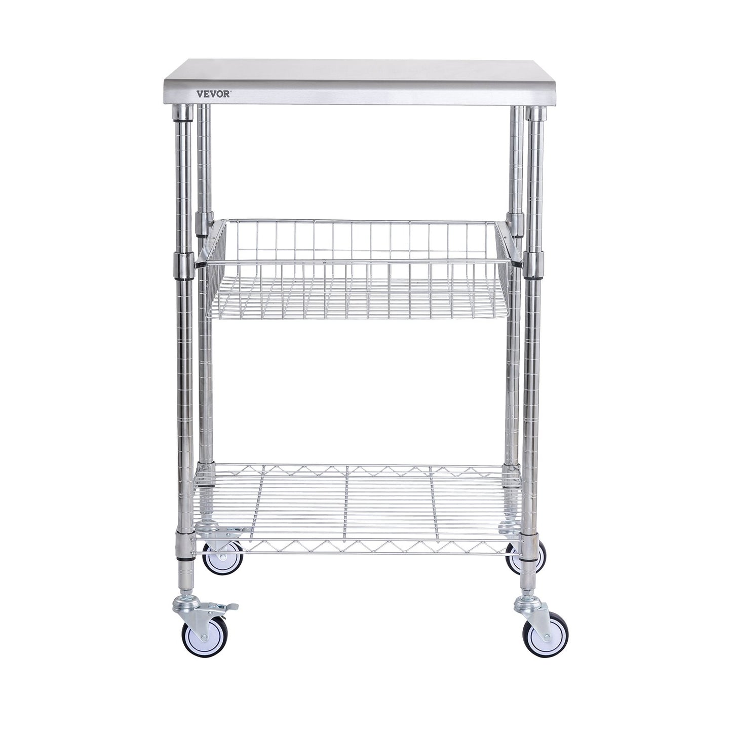 VEVOR Kitchen Utility Cart, 3 Tiers, Wire Rolling Cart with 213kg Capacity, Steel Service Cart on Wheels, Metal Storage Trolley with 76mm Basket Curved Handle PP Liner 6 Hooks, for Indoor and Outdoor