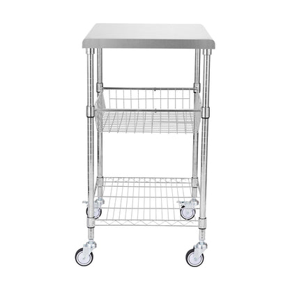 VEVOR Kitchen Utility Cart, 3 Tiers, Wire Rolling Cart with 213kg Capacity, Steel Service Cart on Wheels, Metal Storage Trolley with 76mm Basket Curved Handle PP Liner 6 Hooks, for Indoor and Outdoor