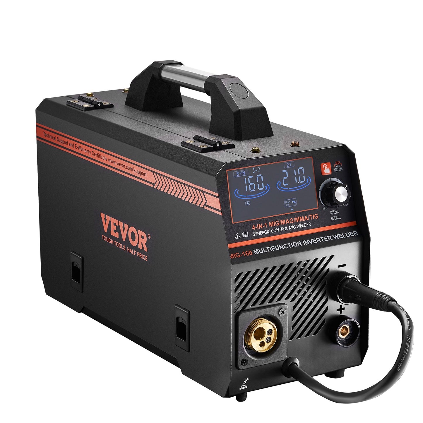 VEVOR MIG Welder, 160A Synergic Mig Welding Machine, 4-in-1 Gas MIG/Flux Core MIG/Stick/Lift TIG Multi-Process Welder Machine with IGBT Inverter Technology and LCD Screen Display