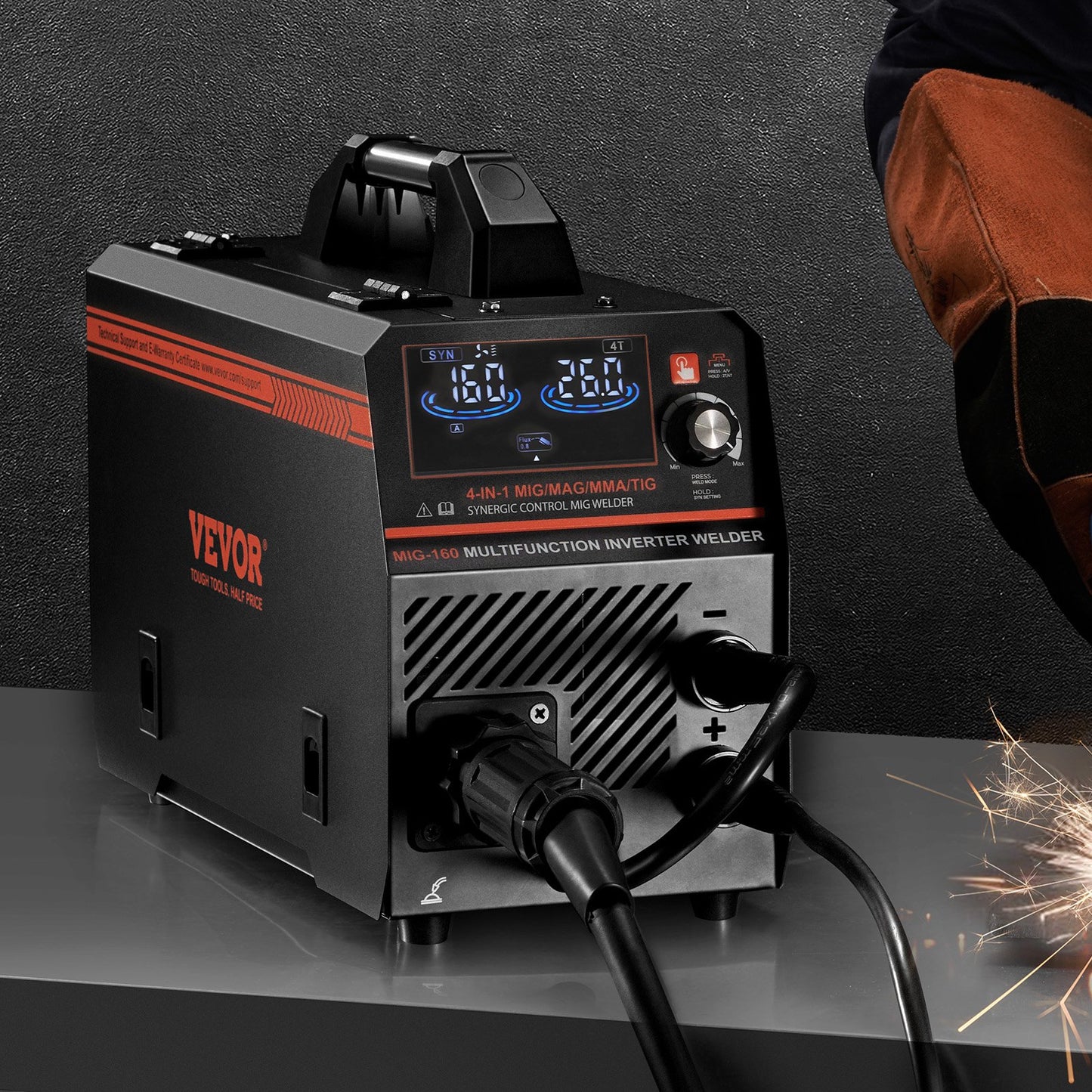 VEVOR MIG Welder, 160A Synergic Mig Welding Machine, 4-in-1 Gas MIG/Flux Core MIG/Stick/Lift TIG Multi-Process Welder Machine with IGBT Inverter Technology and LCD Screen Display