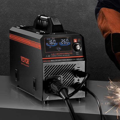 VEVOR MIG Welder, 160A Synergic Mig Welding Machine, 4-in-1 Gas MIG/Flux Core MIG/Stick/Lift TIG Multi-Process Welder Machine with IGBT Inverter Technology and LCD Screen Display