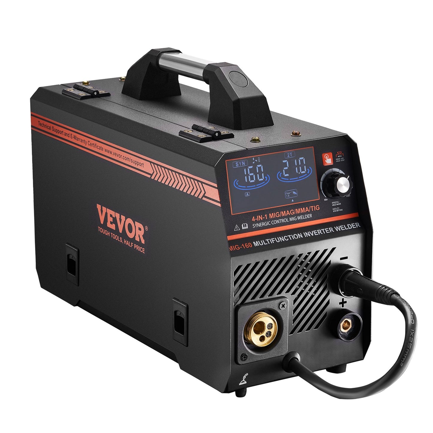 VEVOR MIG Welder, 160A Synergic Mig Welding Machine, 4-in-1 Gas MIG/Flux Core MIG/Stick/Lift TIG Multi-Process Welder Machine with IGBT Inverter Technology and LCD Screen Display