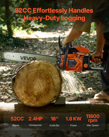 VEVOR 52cc Gas Chainsaw 1.8 kW Gas Powered 455 mm Chainsaw For Wood Cutting