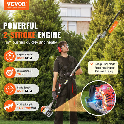 VEVOR 15.7-inch 26CC 2 Cycle Gas Hedge Trimmer, Gas Powered Pole Hedge Trimmer with Dual Sided Dual Action Blade, Adjustable Trimmer Head, Suitable for Trimming Shrubs, Bushes