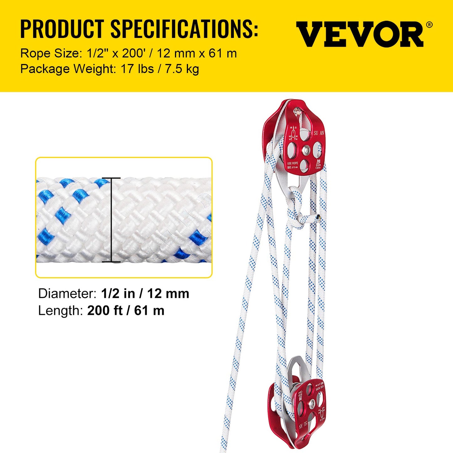 VEVOR Twin Sheave Block and Tackle 1.09-1.27cm 3048-6096cm Twin Sheave Block with Braid Rope 30-35KN 2994-3495KGS Double Pulley Rigging (1/2" x 200')