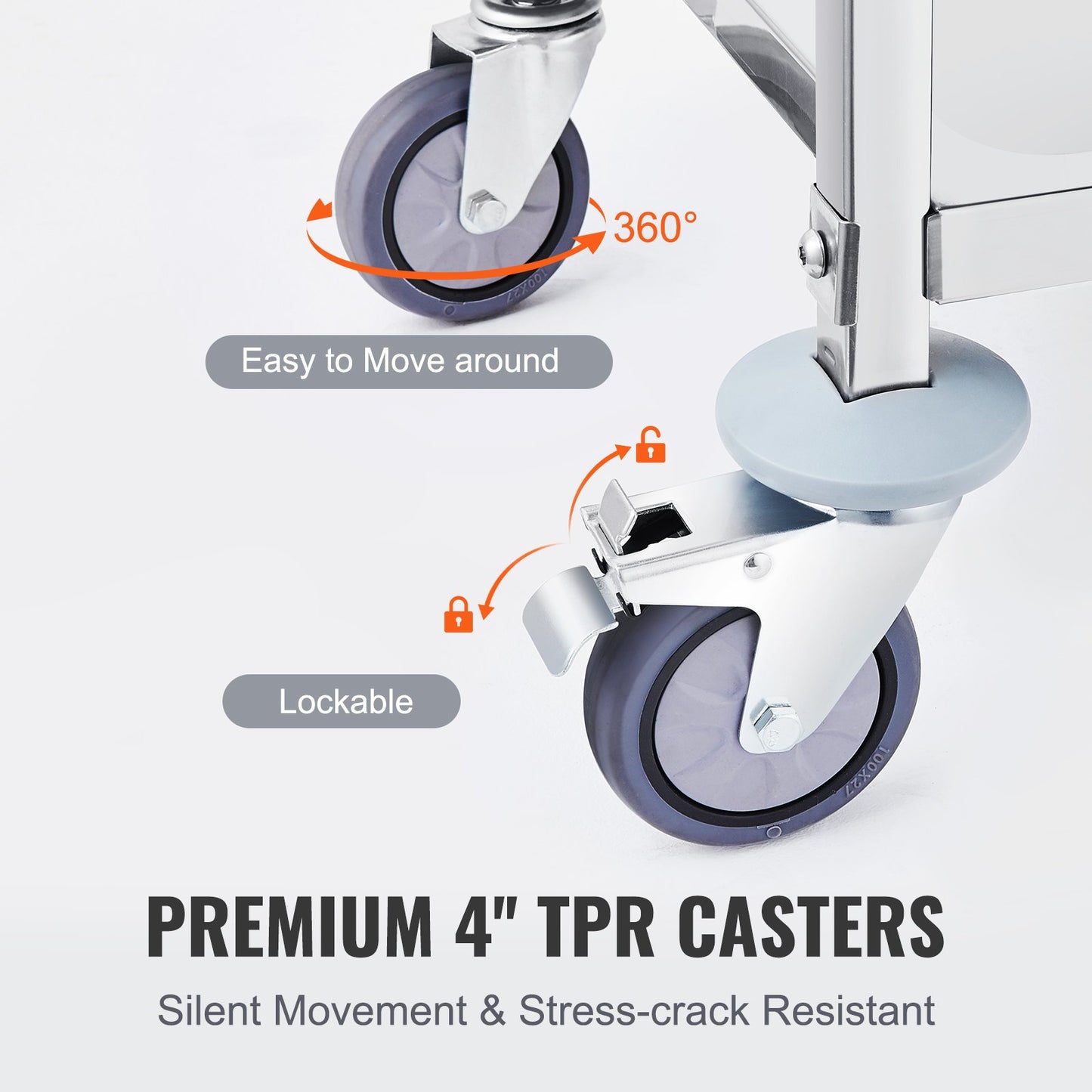 VEVOR Stainless Steel Cart, 3 Layers Lab Utility Cart 181 kg Weight Capacity, Medical Cart with Lockable Universal Wheels, for Lab, Clinic, Kitchen, Salon