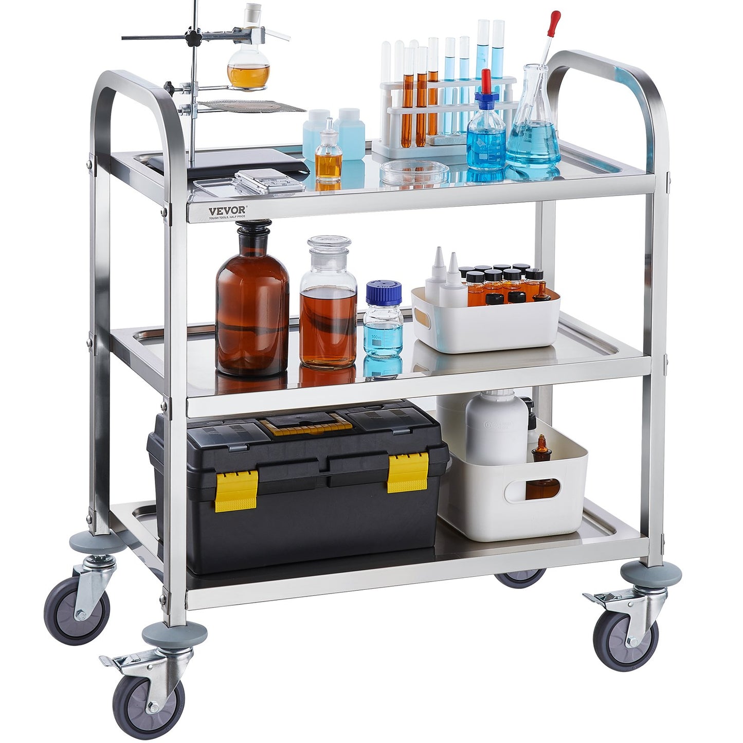 VEVOR Stainless Steel Cart, 3 Layers Lab Utility Cart 181 kg Weight Capacity, Medical Cart with Lockable Universal Wheels, for Lab, Clinic, Kitchen, Salon