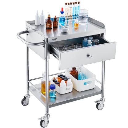 VEVOR Medical Cart, 2 Layer stainless Steel Cart100 kg Weight Capacity Utility Cart Silent Wheels and a Drawer for Lab, Clinic, kitchen, Salon