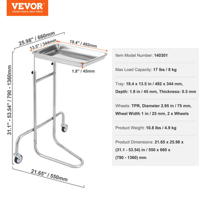 VEVOR Stainless Steel Lab Cart with Single Tray & 2 Silent Wheels for Lab Clinic