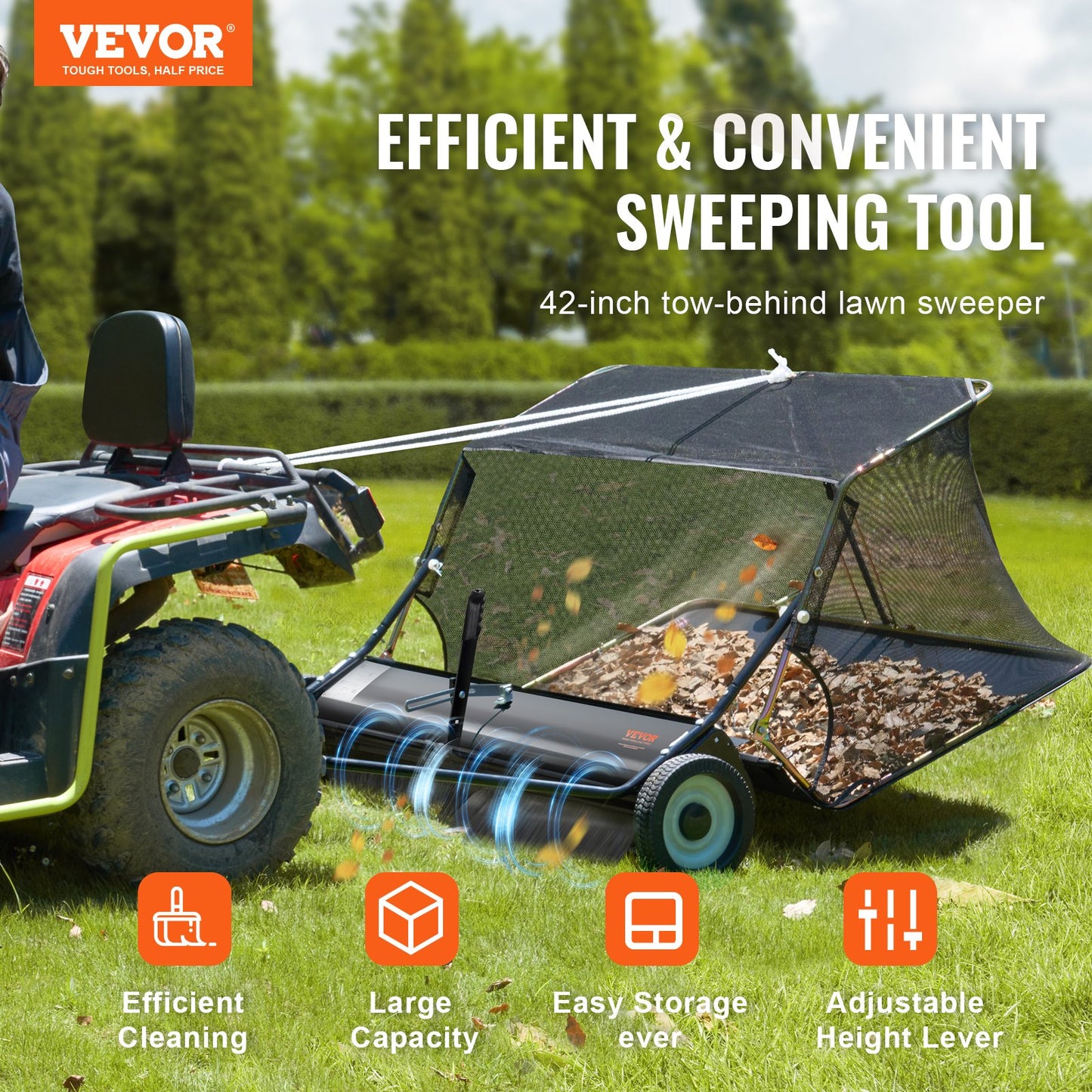 VEVOR 106.6 cm Lawn Sweeper Tow Behind, 12 cu.ft. Large Pull Behind Grass Sweeper, Heavy Duty Leaf & Grass Collector with Dumping Rope Design, Adjustable Sweeping Height for Picking Up Debris & Grass