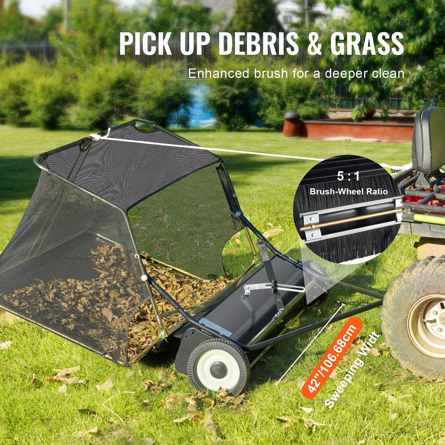 VEVOR 106.6 cm Lawn Sweeper Tow Behind, 12 cu.ft. Large Pull Behind Grass Sweeper, Heavy Duty Leaf & Grass Collector with Dumping Rope Design, Adjustable Sweeping Height for Picking Up Debris & Grass