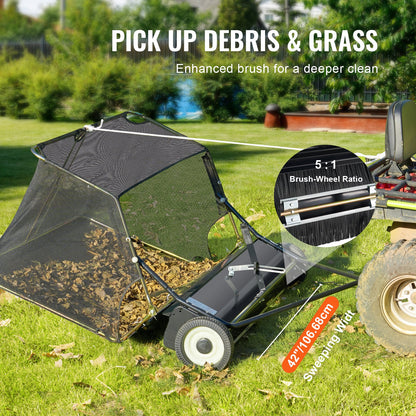 VEVOR 106.6 cm Lawn Sweeper Tow Behind, 12 cu.ft. Large Pull Behind Grass Sweeper, Heavy Duty Leaf & Grass Collector with Dumping Rope Design, Adjustable Sweeping Height for Picking Up Debris & Grass