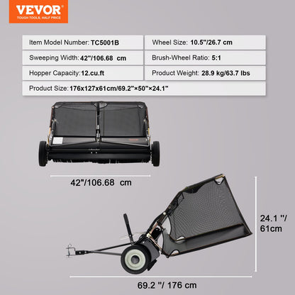 VEVOR 106.6 cm Lawn Sweeper Tow Behind, 12 cu.ft. Large Pull Behind Grass Sweeper, Heavy Duty Leaf & Grass Collector with Dumping Rope Design, Adjustable Sweeping Height for Picking Up Debris & Grass