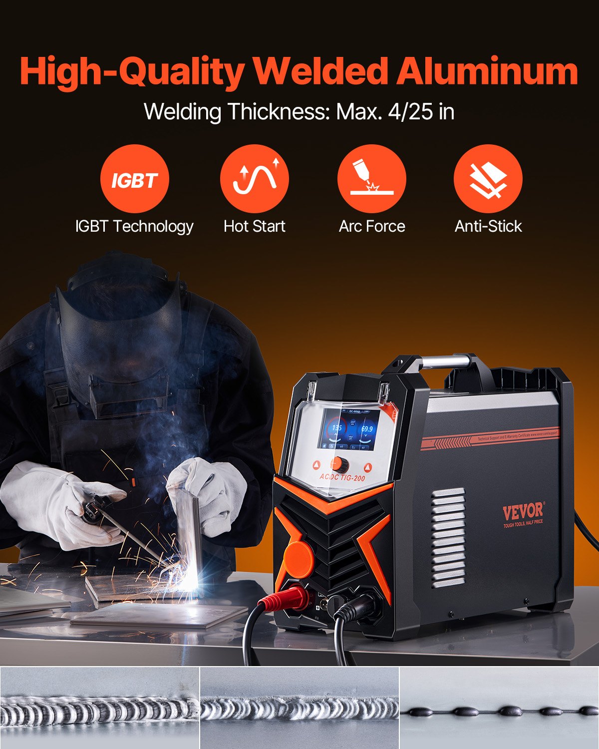 VEVOR TIG Welder, 200A 6-In-1 Aluminum Welding Machine (LED Display) - AC TIG/DC TIG/AC Pulse TIG/DC Pulse TIG/Spot TIG/MMA(Stick), Electric Welder with Synergic Control IGBT