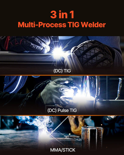 VEVOR TIG Welder, 205A 3-In-1 Welding Machine (Large LED Display)- DC TIG/DC Pulse TIG/MMA(Stick), Electric Welder with IGBT Inverter High-Frequency Start