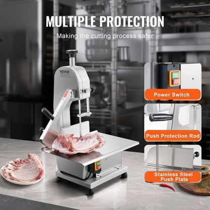 VEVOR Commercial Electric Meat Bandsaw, 1800W Stainless Steel Countertop Bone Sawing Machine, 380 x 485 mm Workbench, 180 mm Max Cutting Thickness, Frozen Meat Cutter with 5 Blades for Rib Pork Beef