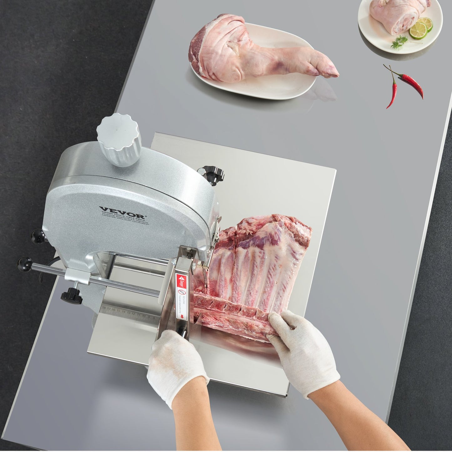 VEVOR Commercial Electric Meat Bandsaw, 1800W Stainless Steel Countertop Bone Sawing Machine, 380 x 485 mm Workbench, 180 mm Max Cutting Thickness, Frozen Meat Cutter with 5 Blades for Rib Pork Beef