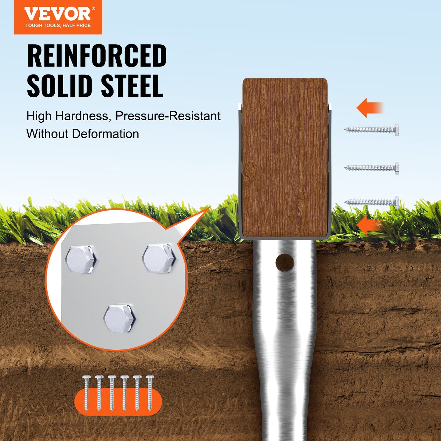 VEVOR No Dig Ground Anchor, 1 Pack 10 x 7 x 70 cm DIY Screw in Post Stake, Includes 6 Lag Bolts & a Rebar, U-Shape Heavy Duty Steel Post Holder, Great for Mailbox Posts and Fence Posts