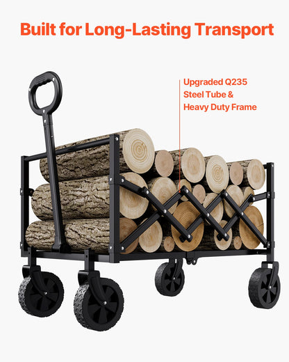 VEVOR Collapsible Wagon Carts, 120L & 225LBS Folding Wagons with All-Terrain Wheels, Heavy Duty Outdoor Utility Cart with Adjustable Handle, Portable Camping Cart for Beach Grocery Garden Black